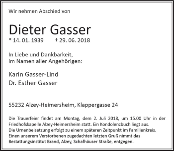 Traueranzeige von Dieter Gasser von Trauerportal Rhein Main Presse