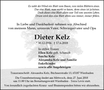 Traueranzeige von Dieter Kelz von Trauerportal Rhein Main Presse