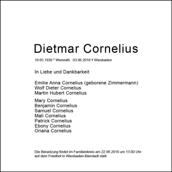Traueranzeige von Dietmar Cornelius von Trauerportal Rhein Main Presse