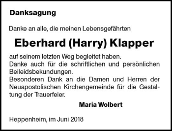 Traueranzeige von Eberhard Klapper von Trauerportal Rhein Main Presse