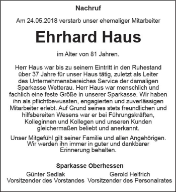 Traueranzeige von Ehrhard Haus von  Kreisanzeiger