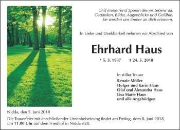 Traueranzeige von Ehrhard Haus von  Kreisanzeiger