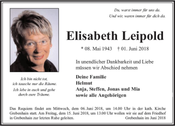 Traueranzeige von Elisabeth Leipold von VRM Trauer