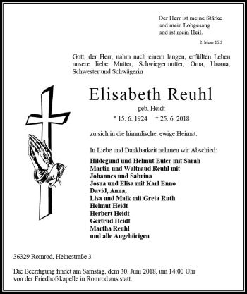 Traueranzeige von Elisabeth Reuhl von VRM Trauer