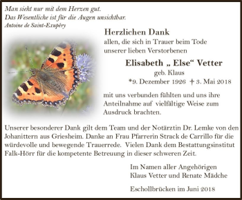 Traueranzeige von Elisabeth Vetter von Trauerportal Rhein Main Presse