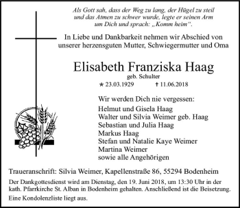 Traueranzeige von Elisabeth Franziska Haag von Trauerportal Rhein Main Presse