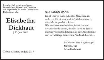 Traueranzeige von Elisabetha Dickhaut von Trauerportal Rhein Main Presse