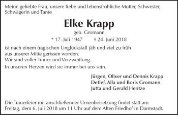 Traueranzeige von Elke Krapp von Trauerportal Rhein Main Presse