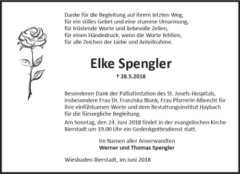 Traueranzeige von Elke Spengler von Trauerportal Rhein Main Presse