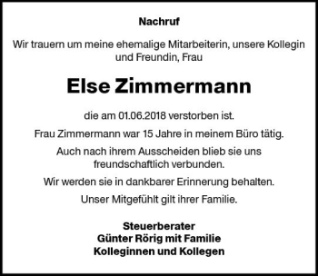 Traueranzeige von Else Zimmermann von Trauerportal Rhein Main Presse
