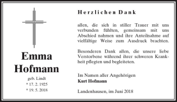 Traueranzeige von Emma Hofmann von VRM Trauer