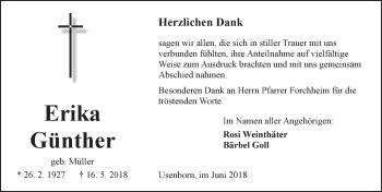 Traueranzeige von Erika Günther von  Kreisanzeiger