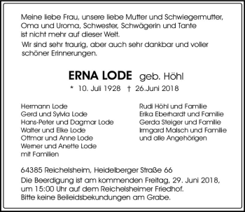 Traueranzeige von Erna Lode von Trauerportal Rhein Main Presse