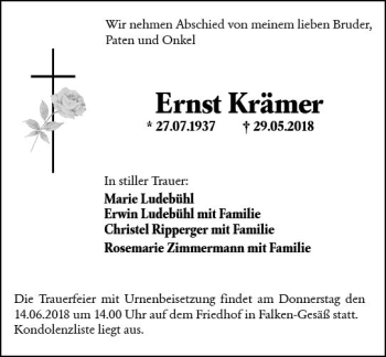Traueranzeige von Ernst Krämer von Trauerportal Rhein Main Presse