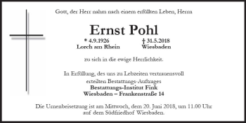 Traueranzeige von Ernst Pohl von Trauerportal Rhein Main Presse