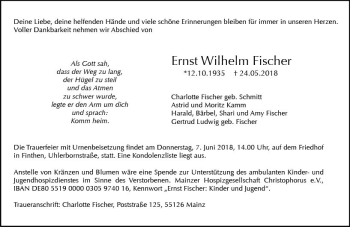 Traueranzeige von Ernst Wilhelm Fischer von Trauerportal Rhein Main Presse