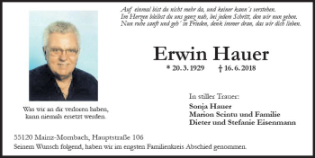 Traueranzeige von Erwin Hauer von Trauerportal Rhein Main Presse