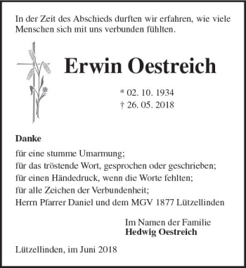 Traueranzeige von Erwin Oestreich von  Gießener Anzeiger