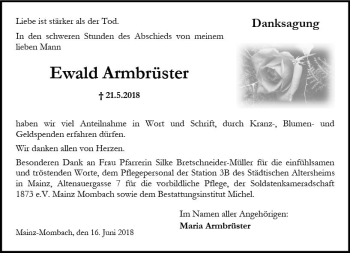 Traueranzeige von Ewald Armbrüster von Trauerportal Rhein Main Presse