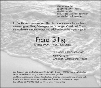 Traueranzeige von Franz Gillig von Trauerportal Rhein Main Presse