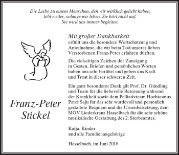 Traueranzeige von Franz-Peter Stickel von  Camberger Anzeiger