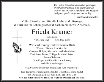 Traueranzeige von Frieda Kramer von  Usinger Anzeiger
