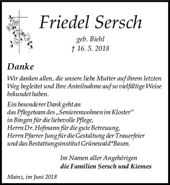 Traueranzeige von Friedel Sersch von Trauerportal Rhein Main Presse