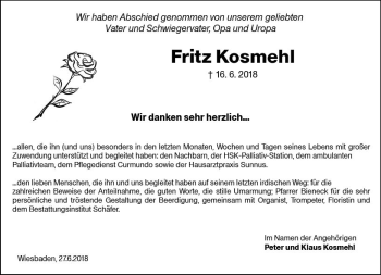 Traueranzeige von Fritz Kosmehl von Trauerportal Rhein Main Presse