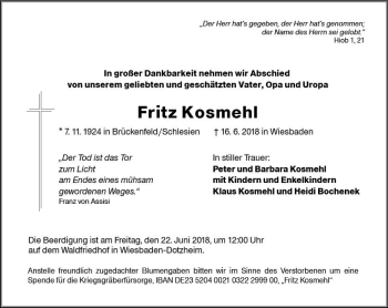 Traueranzeige von Fritz Kosmehl von Trauerportal Rhein Main Presse