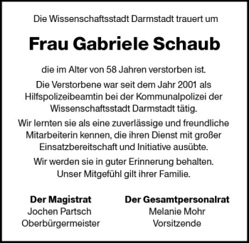 Traueranzeige von Gabriele Schaub von Trauerportal Rhein Main Presse