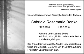 Traueranzeige von Gabriele Rosemarie Benke von Trauerportal Rhein Main Presse