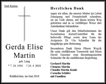 Traueranzeige von Gerda Elise Martin von VRM Trauer