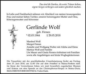 Traueranzeige von Gerlinde Wolf von Trauerportal Rhein Main Presse