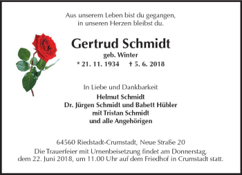 Traueranzeige von Gertrud Schmidt von Trauerportal Rhein Main Presse
