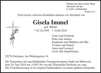 Traueranzeige von Gisela Immel von Trauerportal Rhein Main Presse