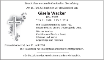 Traueranzeige von Gisela Wacker von  Gießener Anzeiger