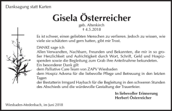 Traueranzeige von Gisela Österreicher von Trauerportal Rhein Main Presse