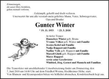 Traueranzeige von Gunter Winter von Trauerportal Rhein Main Presse