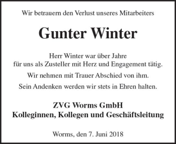 Traueranzeige von Gunter Winter von Trauerportal Rhein Main Presse