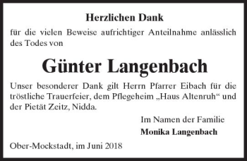 Traueranzeige von Günter Langenbach von  Kreisanzeiger