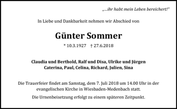Traueranzeige von Günter Sommer von Trauerportal Rhein Main Presse