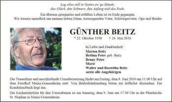 Traueranzeige von Günther Beitz von Trauerportal Rhein Main Presse