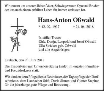 Traueranzeige von Hans-Anton Oßwald von  Gießener Anzeiger