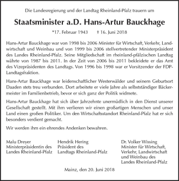 Traueranzeige von Hans-Artur Bauckhage von Trauerportal Rhein Main Presse