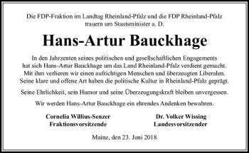Traueranzeige von Hans-Artur Bauckhage von Trauerportal Rhein Main Presse