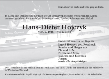 Traueranzeige von Hans-Dieter Hojczyk von Trauerportal Rhein Main Presse