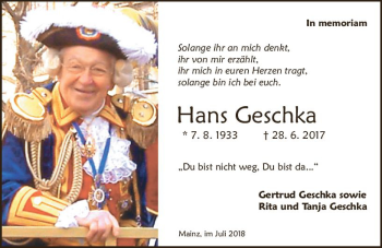 Traueranzeige von Hans Geschka von Trauerportal Rhein Main Presse