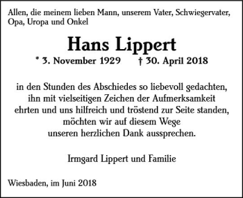 Traueranzeige von Hans Lippert von Trauerportal Rhein Main Presse