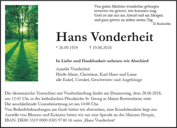 Traueranzeige von Hans Vonderheit von Trauerportal Rhein Main Presse