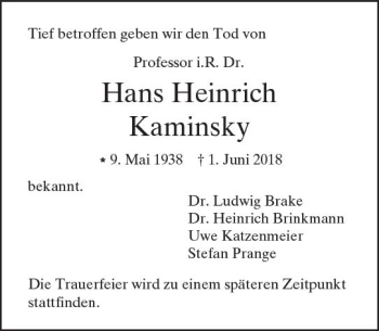 Traueranzeige von Hans Heinrich Kaminsky von  Gießener Anzeiger